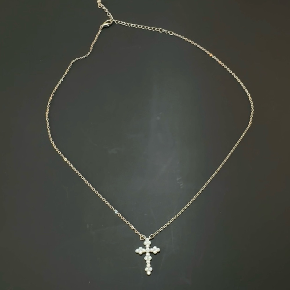 Dainty Silver Tone Rhinestont Cross Necklace